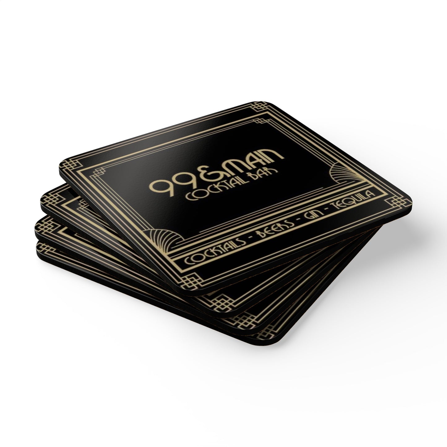 99&Main Cocktail Bar Shield Logo Corkwood Coaster Set