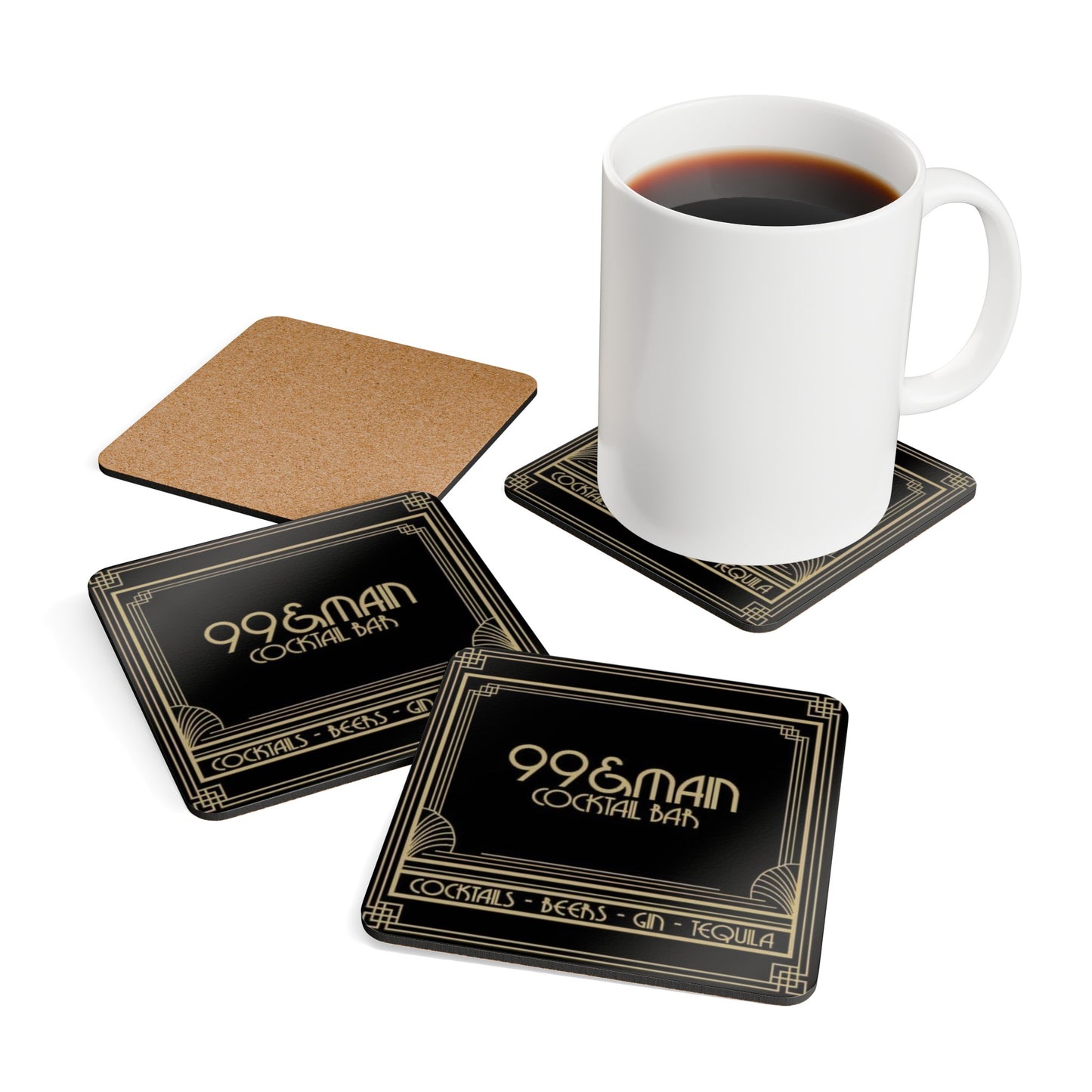 99&Main Cocktail Bar Shield Logo Corkwood Coaster Set